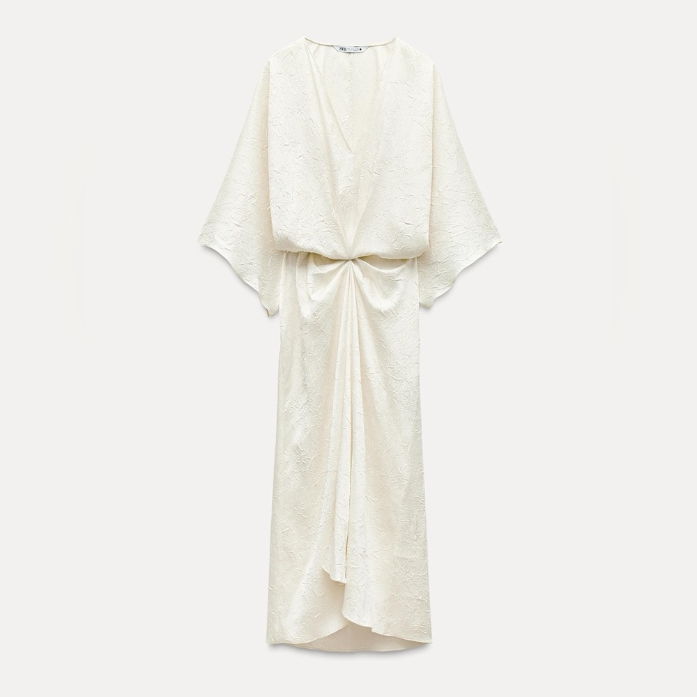 ZARA CRINKLE EFFECT V NECK MIDI DRESS ZW COLLECTION BOHO ETHEREAL Ecru M